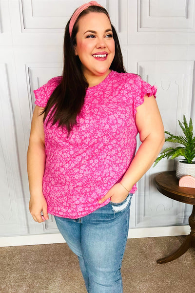 Look Of Love Fuchsia Floral Yoke Ruffle Short Sleeve Top - Online Only!