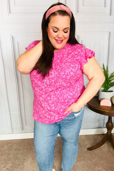 Look Of Love Fuchsia Floral Yoke Ruffle Short Sleeve Top - Online Only!