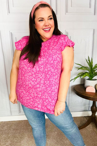 Look Of Love Fuchsia Floral Yoke Ruffle Short Sleeve Top - Online Only!