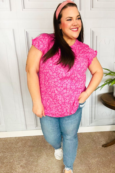 Look Of Love Fuchsia Floral Yoke Ruffle Short Sleeve Top - Online Only!