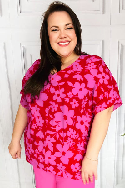 Tropical Trance Magenta Floral V Neck Woven Top - Online Only!