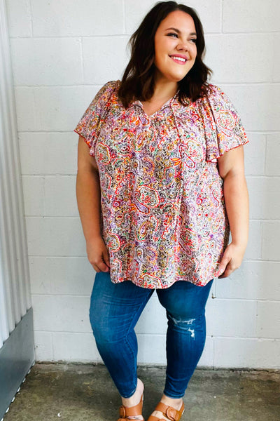 FINAL SALE Plum Multicolor Boho Paisley Tie Neck Dolman Top - Online Only!