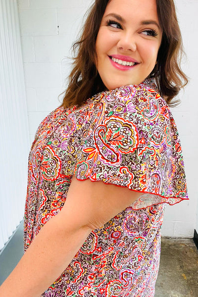 FINAL SALE Plum Multicolor Boho Paisley Tie Neck Dolman Top - Online Only!