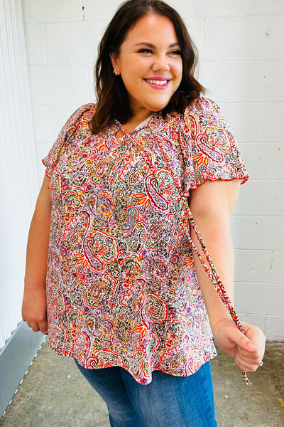 FINAL SALE Plum Multicolor Boho Paisley Tie Neck Dolman Top - Online Only!