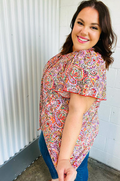 FINAL SALE Plum Multicolor Boho Paisley Tie Neck Dolman Top - Online Only!