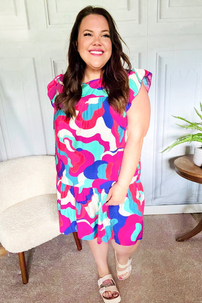 Go For Fun Fuchsia Geo Print Tiered Ruffle Sleeve Woven Dress - Online Only!