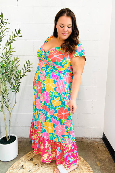 Vacay Vibes Blue Floral Print Sweetheart Twisted Neckline Maxi Dress - Online Only!