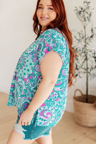 Cap Sleeve Top in Magenta and Teal Paisley - Online Only!