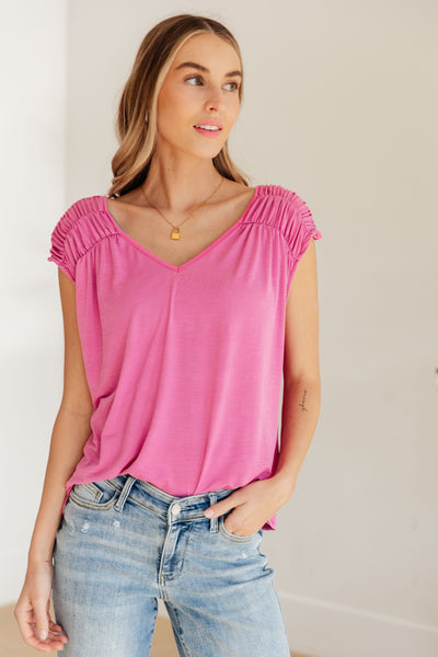 Ruched Cap Sleeve Top in Magenta - Online Only!