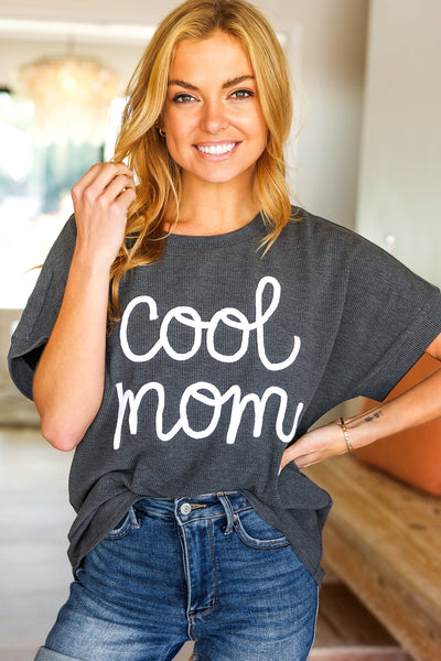 Take A Bow Charcoal "Cool Mom" Embroidery Pop-Up Rib Dolman Top - Online Only!