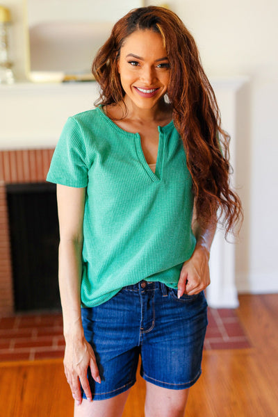 Feel Your Best Green Baby Waffle Henley Neckline Top - Online Only!