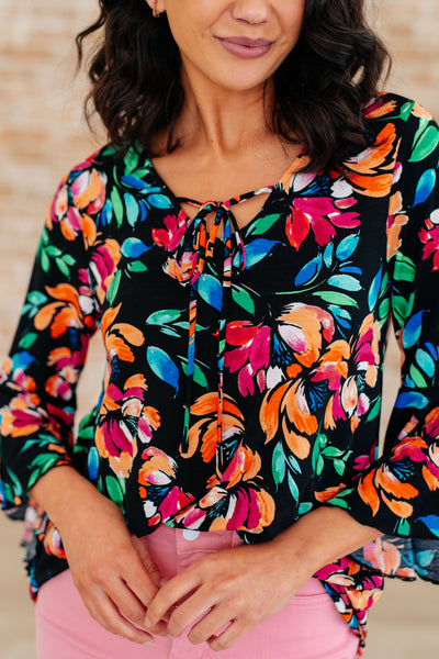 Black and Emerald Floral Bell Sleeve Top - Online Only!
