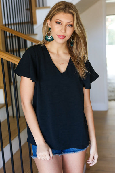 Black Flutter Sleeve V Neck Top - Online Only!