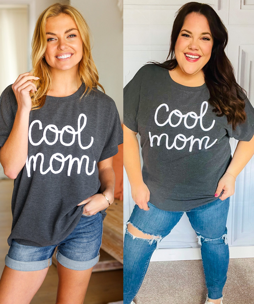 Take A Bow Charcoal "Cool Mom" Embroidery Pop-Up Rib Dolman Top - Online Only!