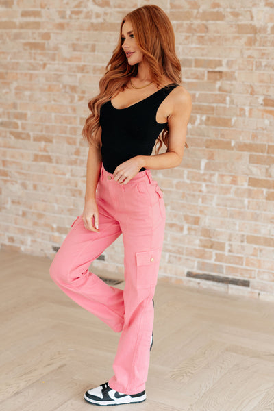 Peggy High Rise Cargo Straight Jeans in Pink - Online Only!