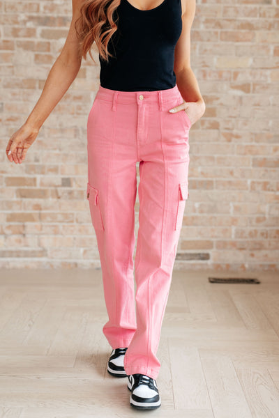 Peggy High Rise Cargo Straight Jeans in Pink - Online Only!