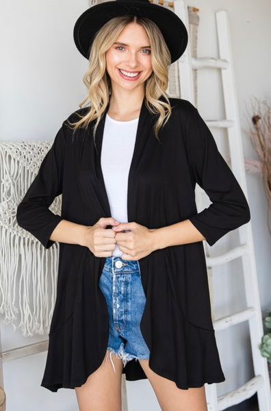 FINAL SALE Black 3/4 Sleeve Ruffle Cardigan